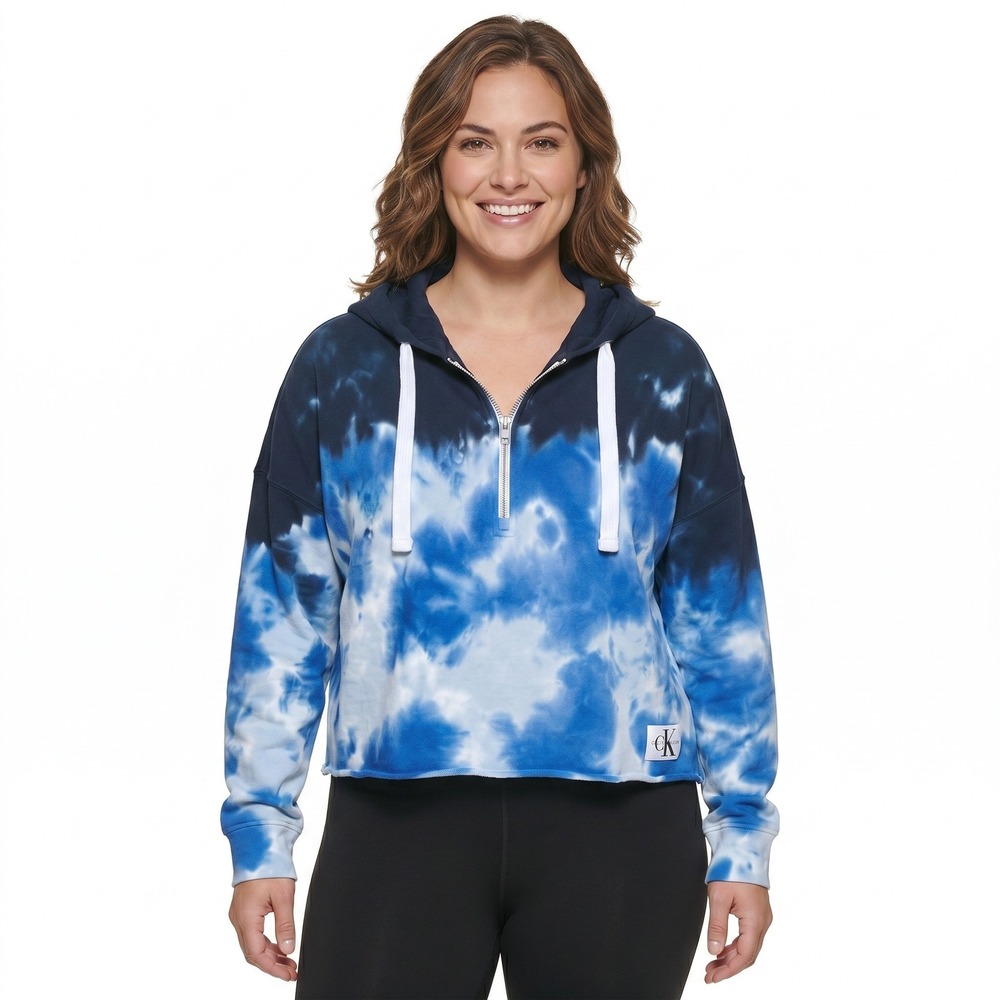 Calvin Klein Jeans‎ Women Blue Tie Dye Cropped Quarter Zip Pullover Hoodie S